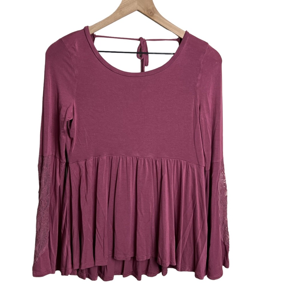 American Eagle Womens‎ S Babydoll Top Berry Wine Lace Bell Sleeve Tie Back Boho